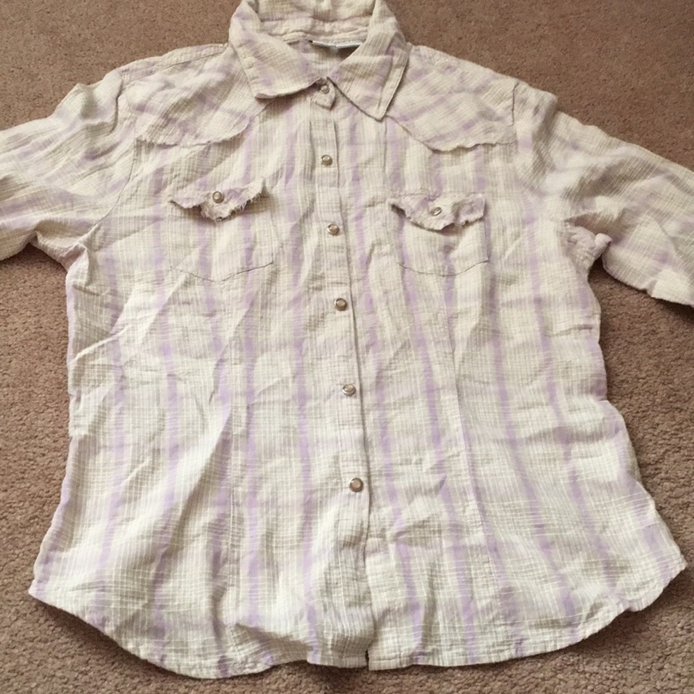 3/$25 Purple/White Button Up Plaid Shirt Size M